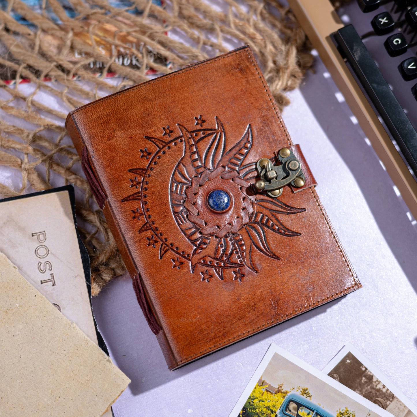 Embossed Leather diary with Stone 200 Travel Journal