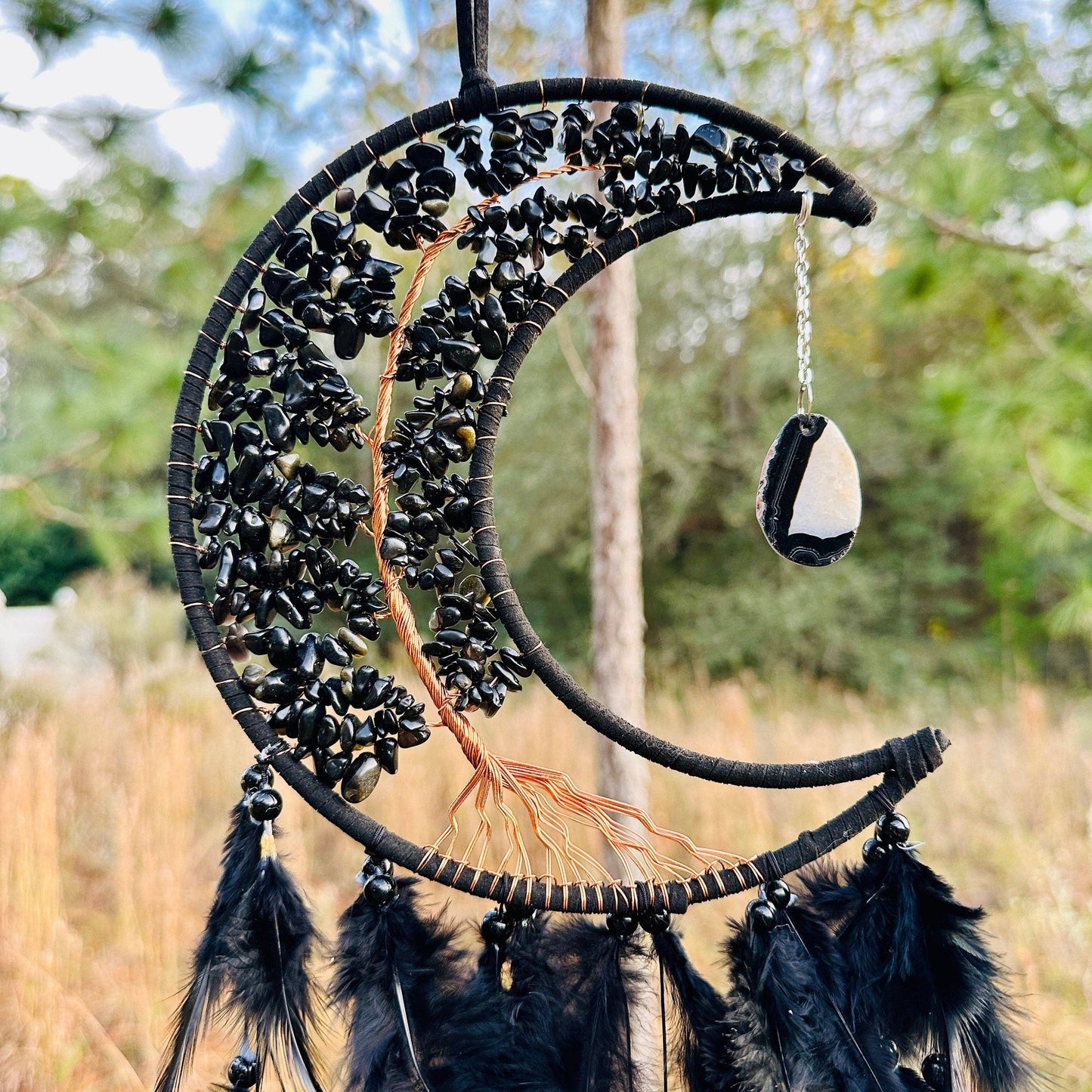 Medium Wall Hanging Crescent Moon Dream Catcher with Black Obsidian Stones & Hanging Stone Charm with Feathers