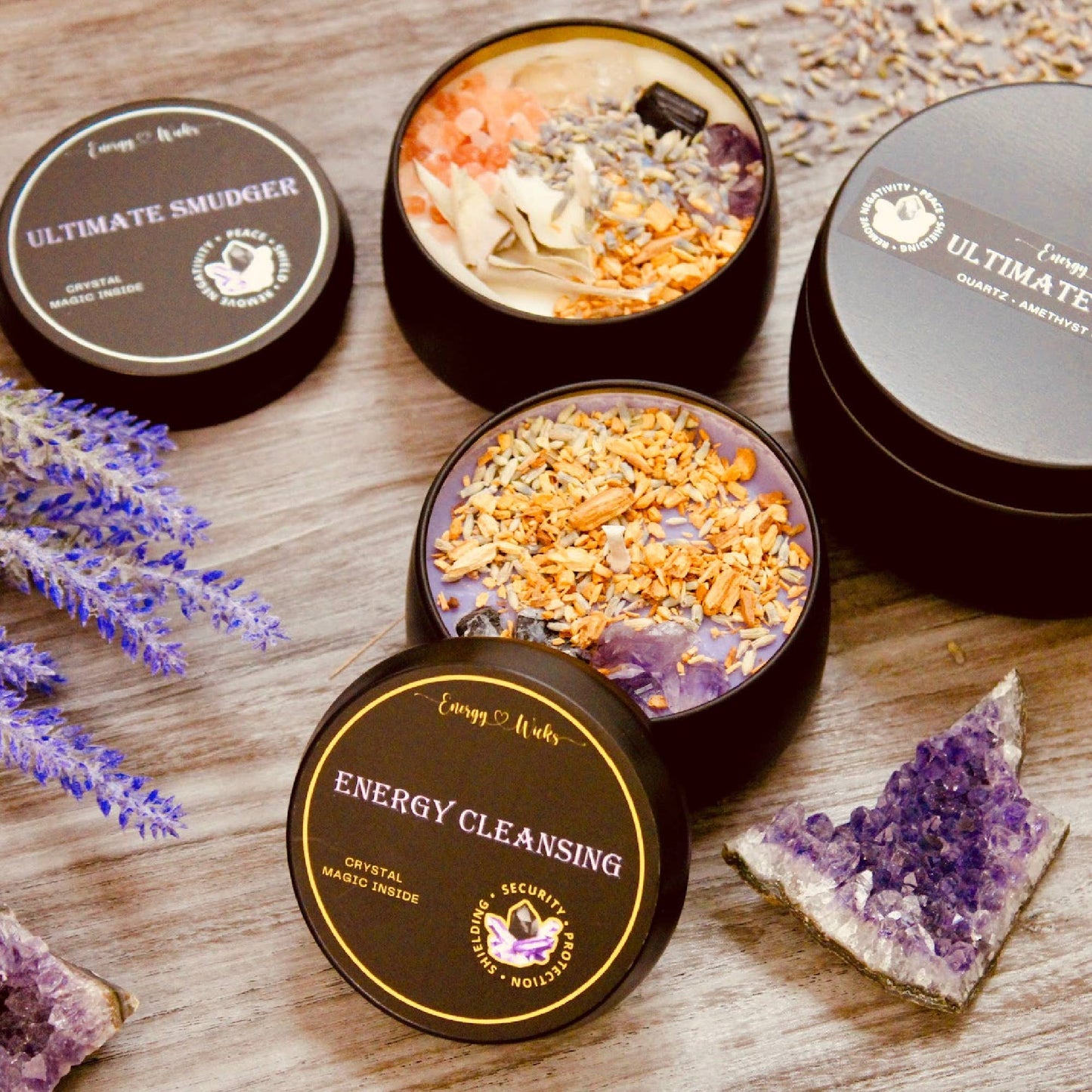 Energy Cleansing Crystal Candle 4oz - Amethyst, Black Tourmaline & Palo Santo