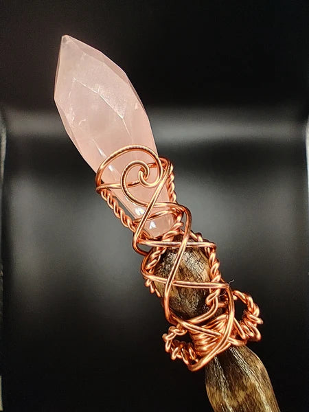 FACETED ROSE QUARTZ OAK MAGIC WAND