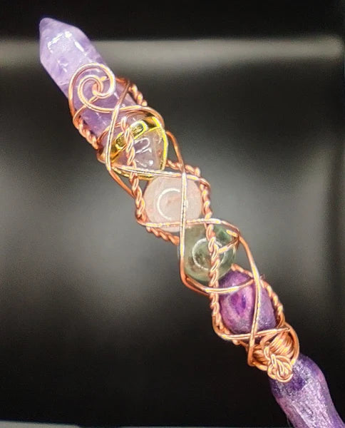 FLUORITE, ROSE QUARTZ, AMETHYST OAK MAGIC WAND - PURPLE SHAFT-