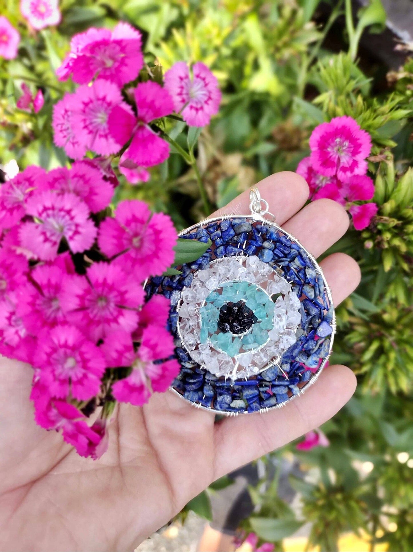 Handmade Evil Eye Nazar Boncuk Pendant with Chain for Rearview Mirror Hanging or Wall Hanging Lapis Lazuli, Crystal, Apatite