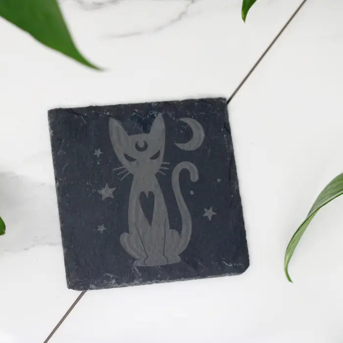 Lunar Cat Engraved Slate Coaster