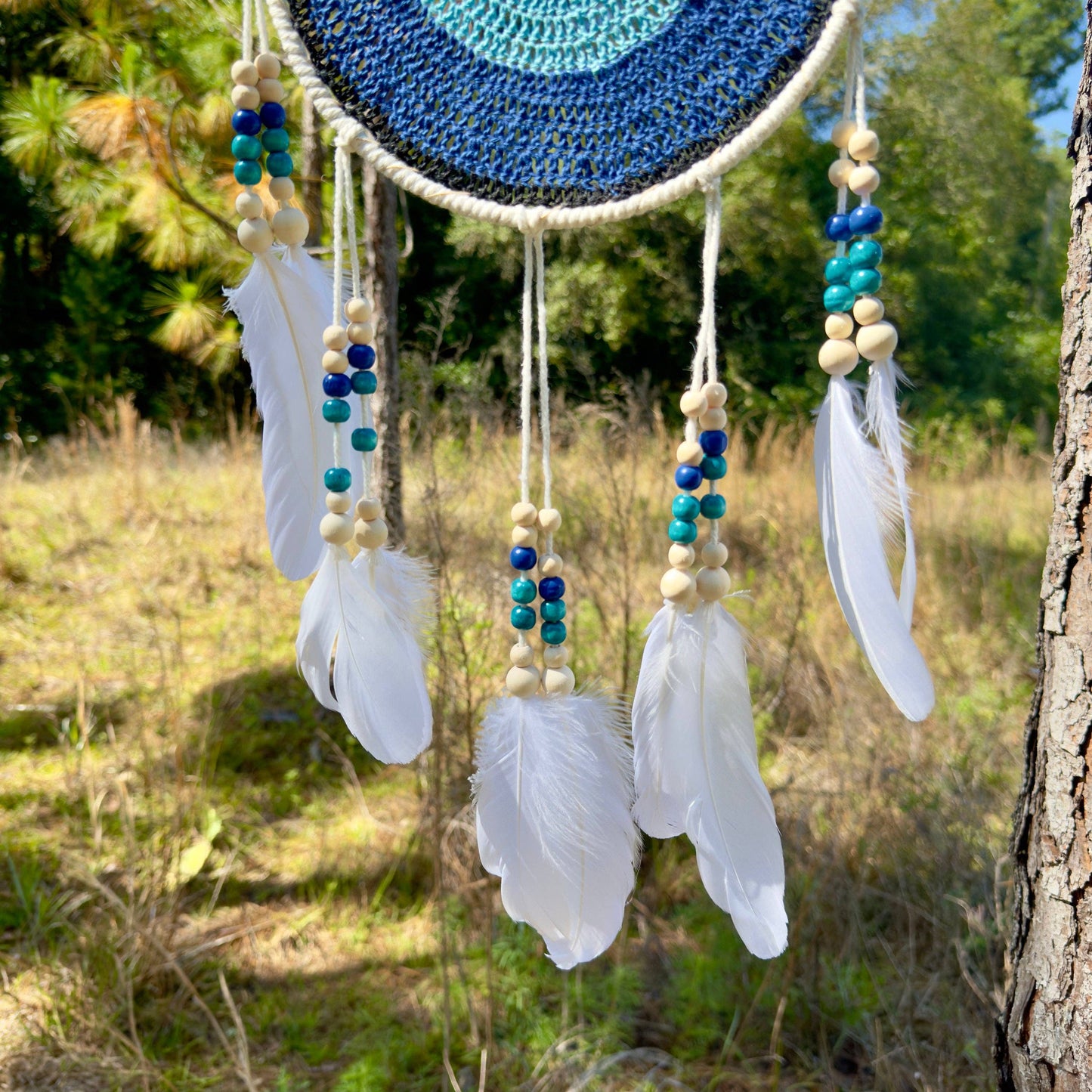 White Tear Drop Crochet Wall Hanging Evil Eye Nazar Boncuk Mal De Ojo Dream Catcher with Feathers