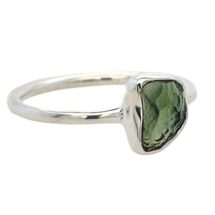 Moldavite Cosmic Freeform Ring - Genuine Rare Gemstone Sterling Silver Size 10