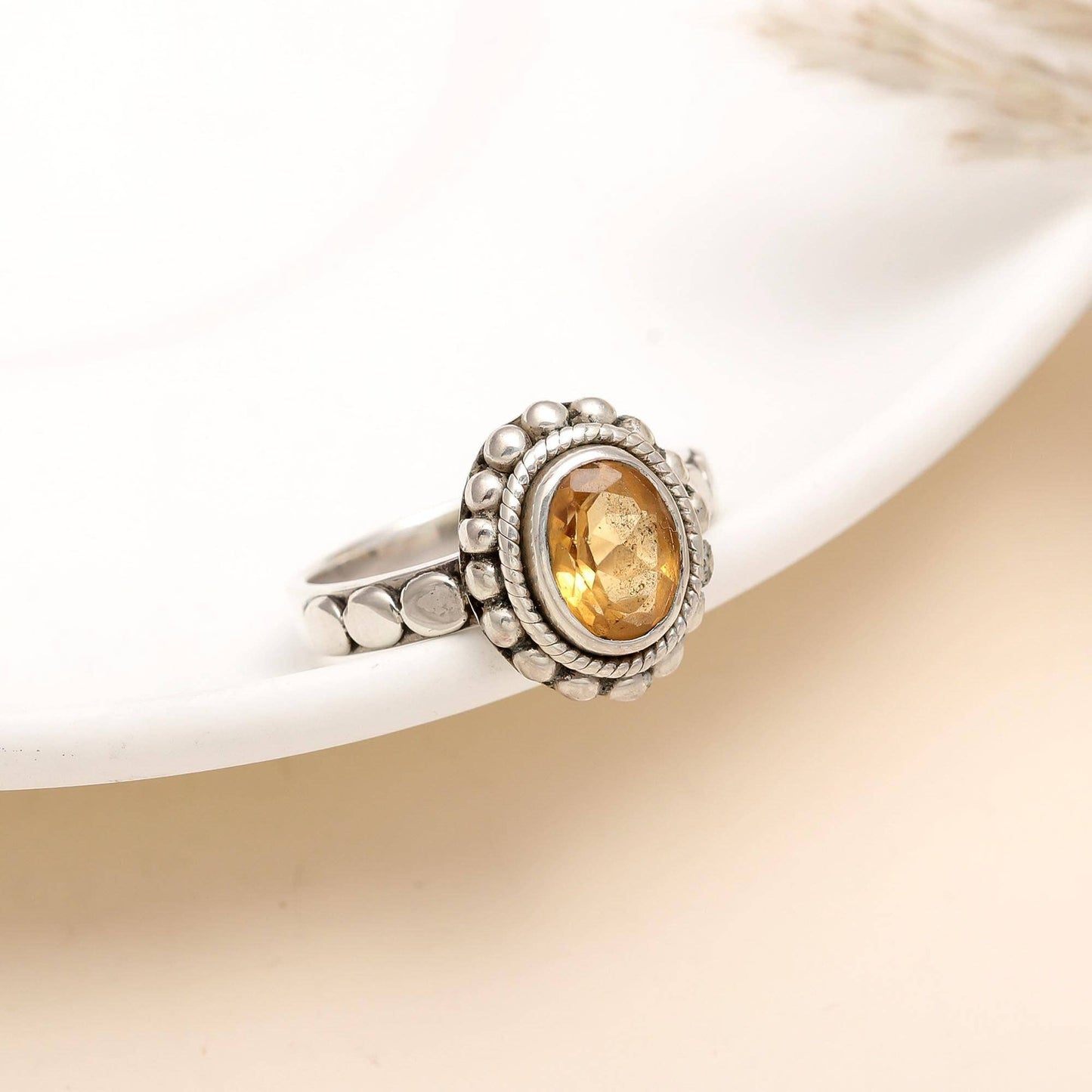 925 Silver Citrine Boho Ring Size 10