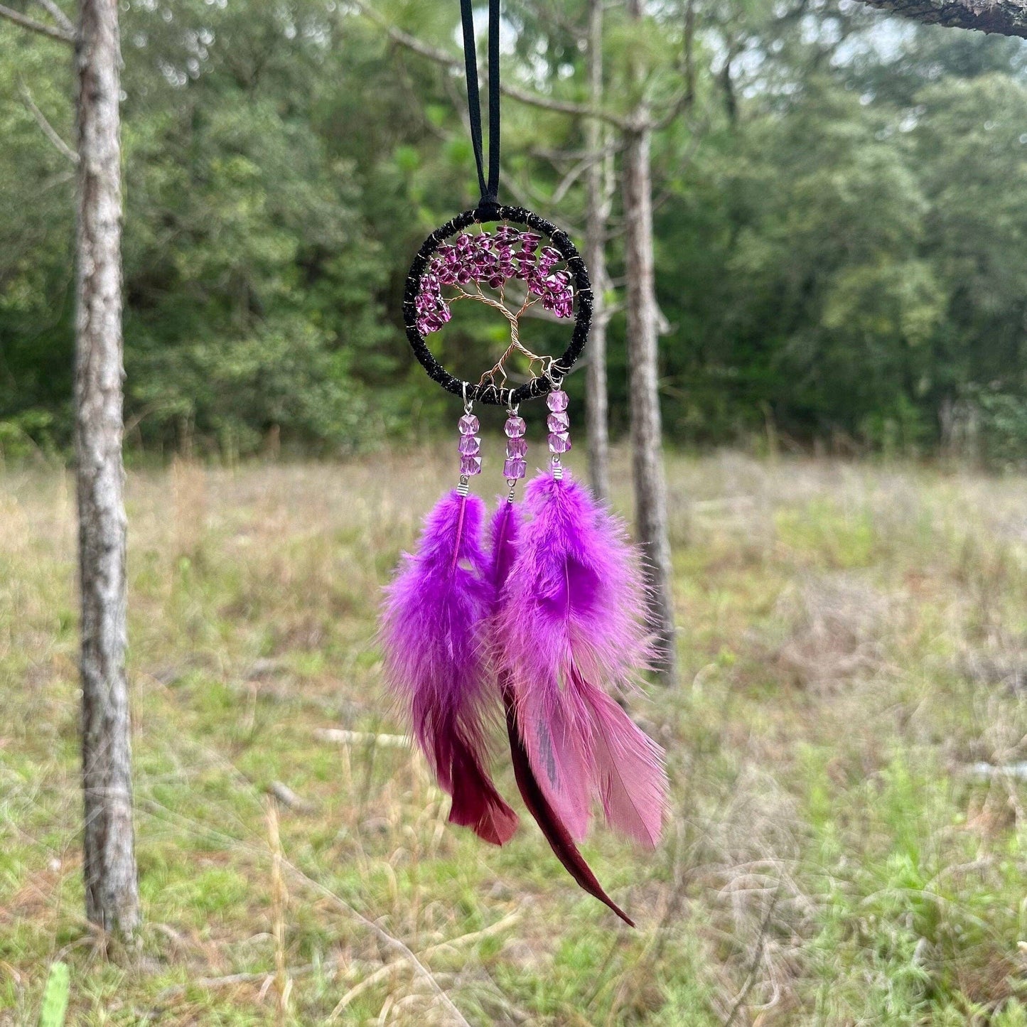 Handmade Dark Purple Gradient Tree of Life Dreamcatcher with Purple Feathers