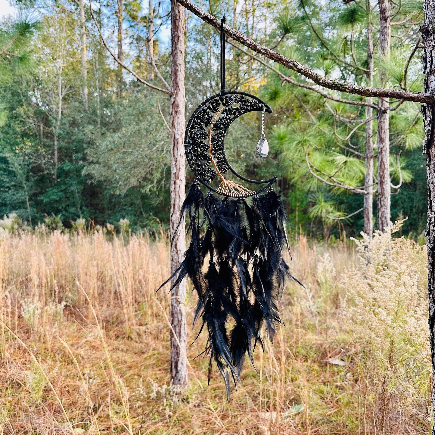 Medium Wall Hanging Crescent Moon Dream Catcher with Black Obsidian Stones & Hanging Stone Charm with Feathers
