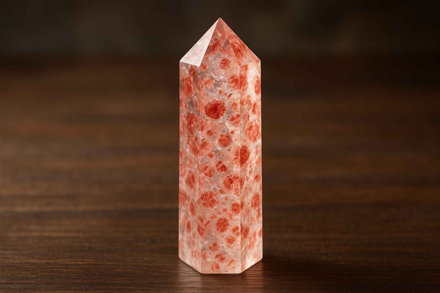 A beautiful strawberry quartz crystal tower with a clear to translucent base and distinctive red to pink inclusions resembling strawberry seeds scattered throughout