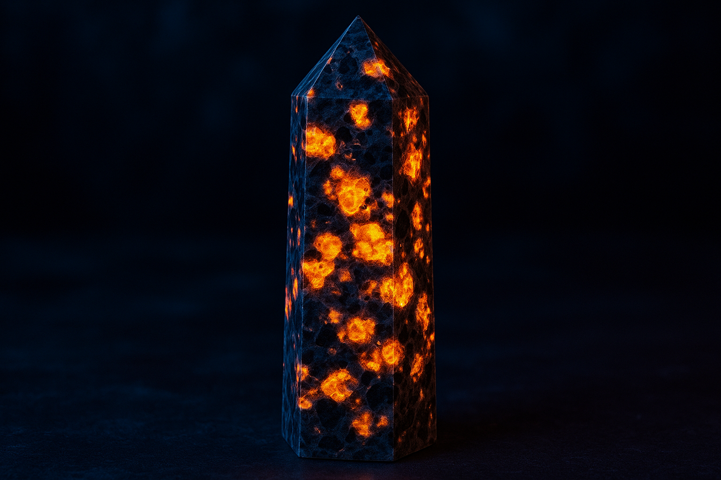 A stunning Yooperlite crystal tower with dark gray to black background and distinctive glowing orange-yellow fluorescent sodalite inclusions, tapered to a point at the top