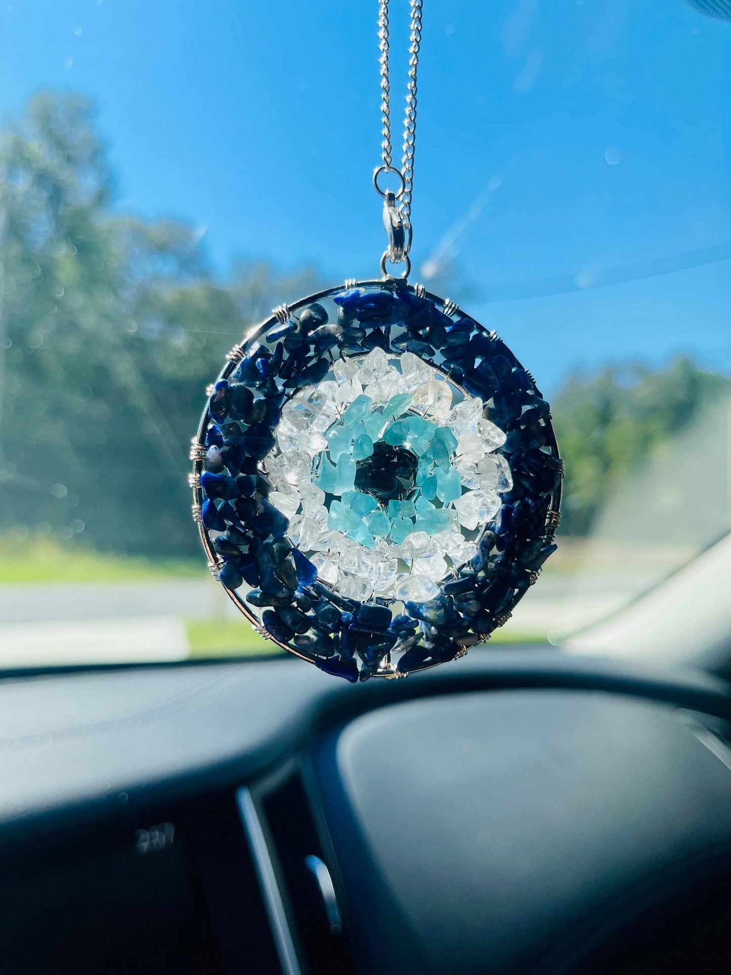 Handmade Evil Eye Nazar Boncuk Pendant with Chain for Rearview Mirror Hanging or Wall Hanging Lapis Lazuli, Crystal, Apatite