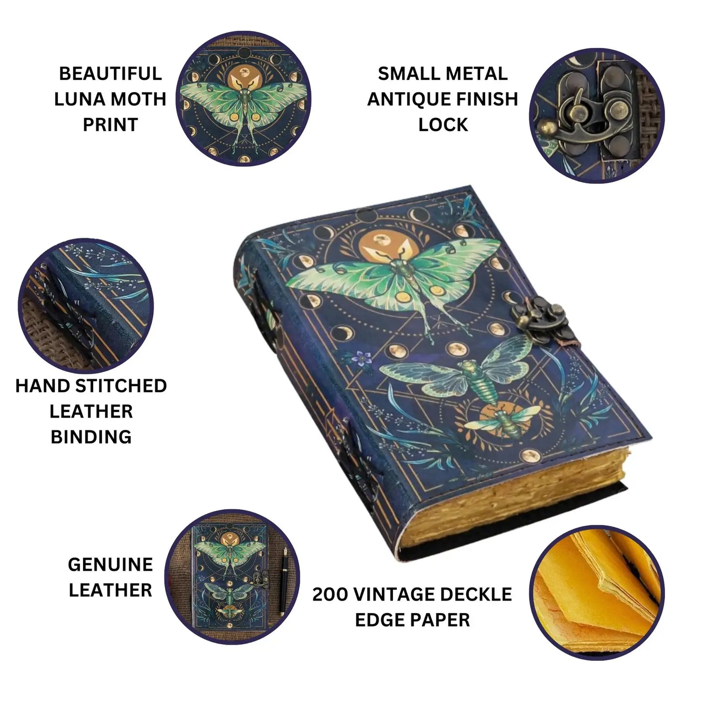Vintage Leather Journal Notebook with Moth Print