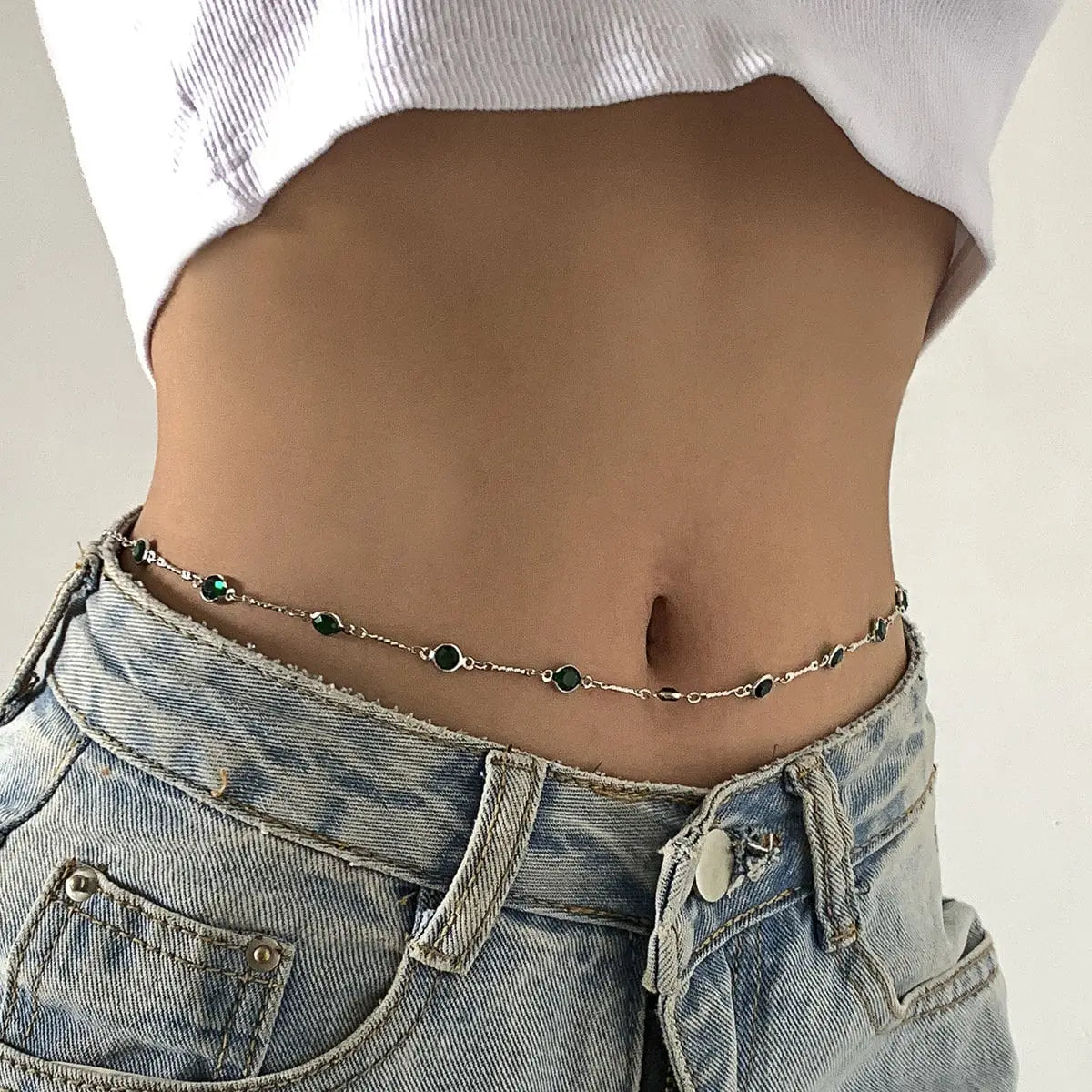Green Crystal Beaded Waist Belly Chain in Solid Copper