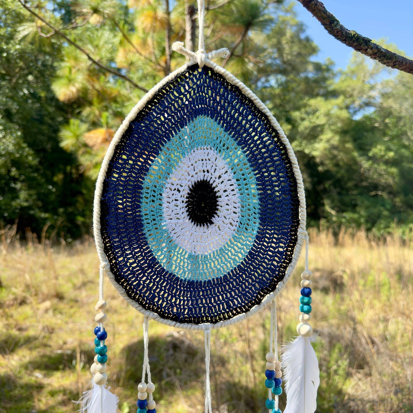 White Tear Drop Crochet Wall Hanging Evil Eye Nazar Boncuk Mal De Ojo Dream Catcher with Feathers