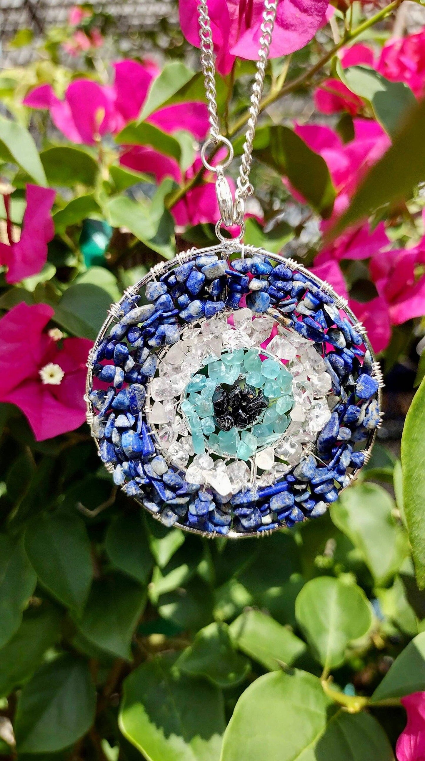 Handmade Evil Eye Nazar Boncuk Pendant with Chain for Rearview Mirror Hanging or Wall Hanging Lapis Lazuli, Crystal, Apatite