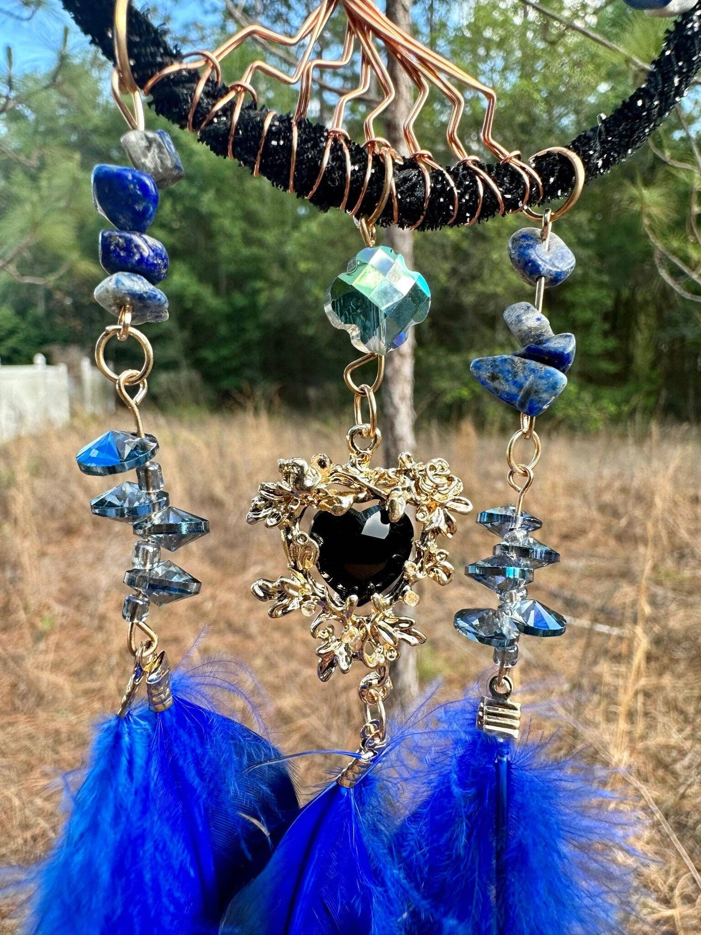 Medium Blue/Black Tree of Life Dreamcatcher with Black Heart Charm - Lapis Lazuli--
