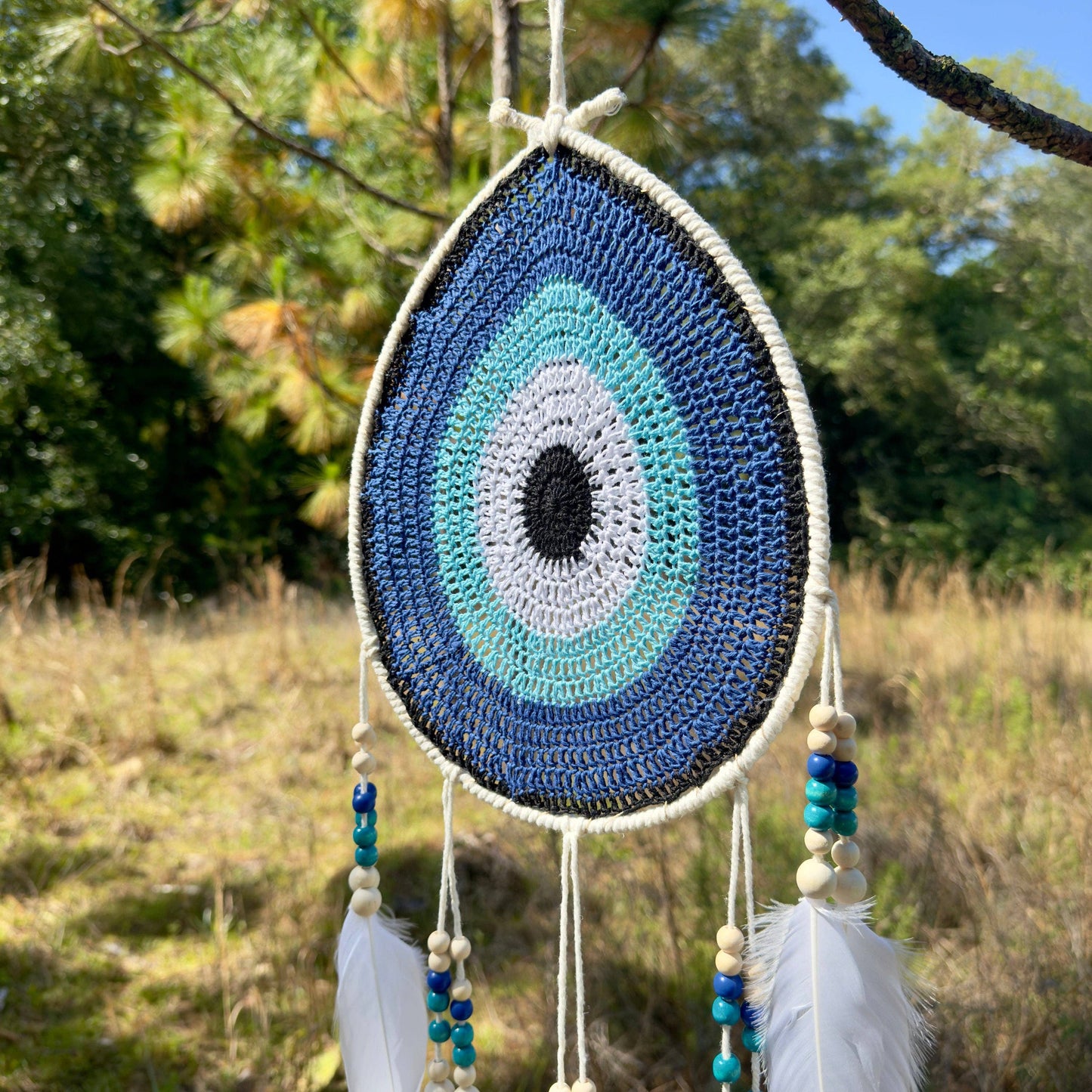 White Tear Drop Crochet Wall Hanging Evil Eye Nazar Boncuk Mal De Ojo Dream Catcher with Feathers