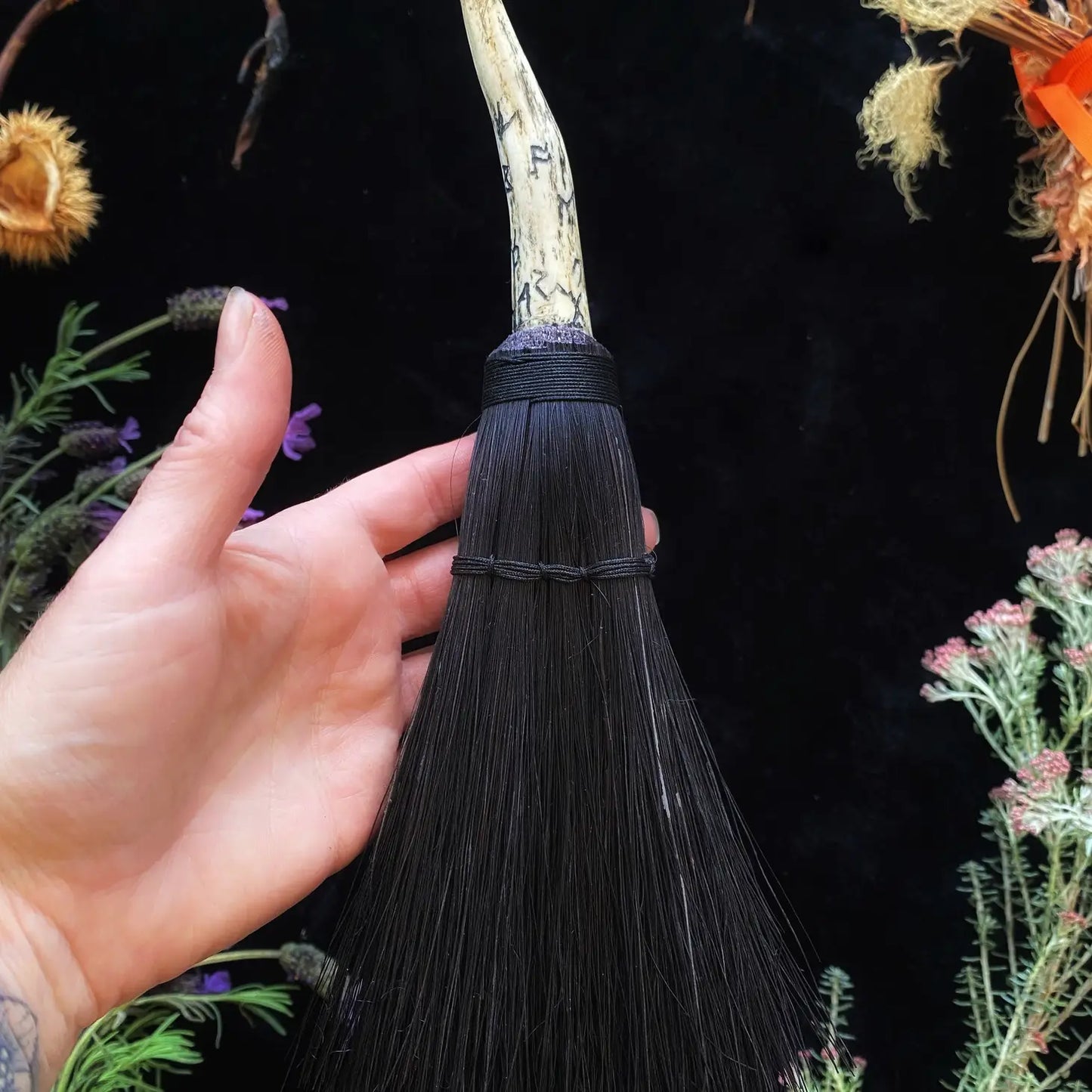 Hag's Altar Broom - Scrimshaw Runic w/ Antler Handle