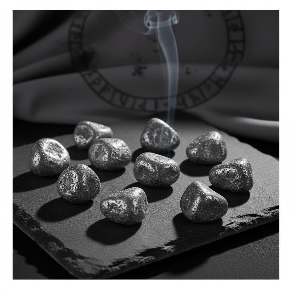 Silver Shungite tumbled stones on dark slate surface