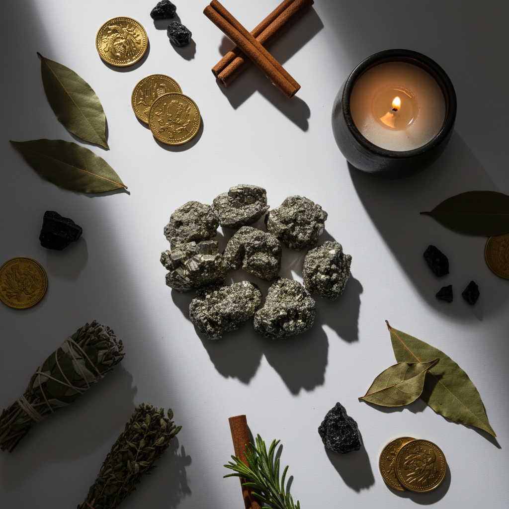 Flat lay of pyrite tumbled stones with gold coins, cinnamon sticks and candle props