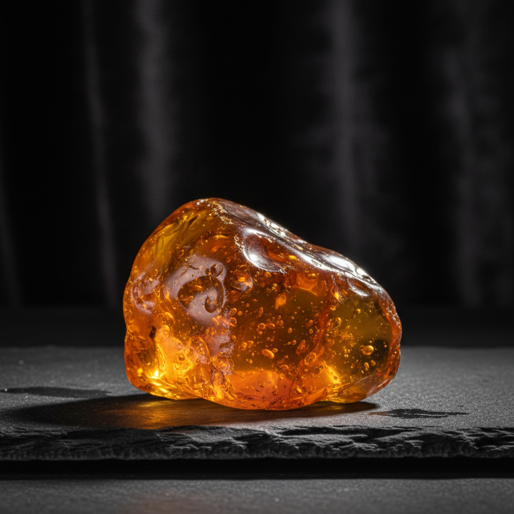Natural Amber resin specimen glowing warm golden-orange on dark slate surface