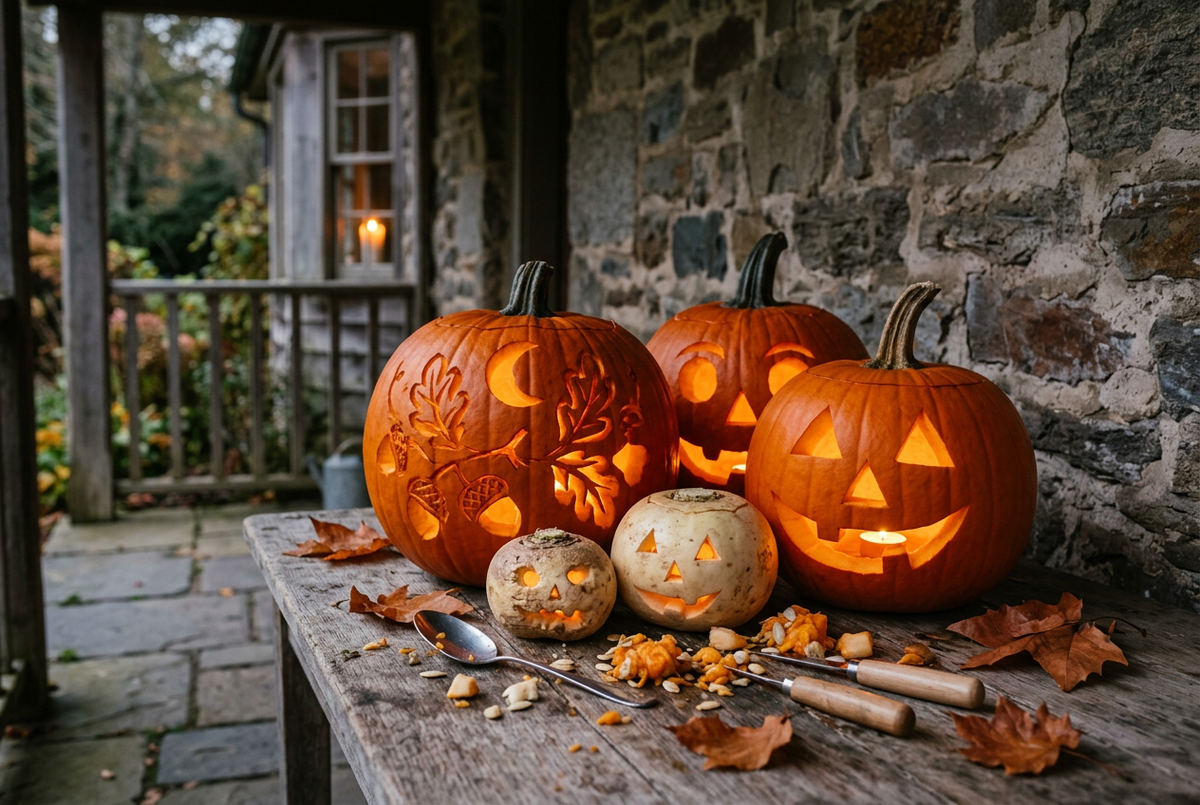 Glowing turnip lanterns and carved pumpkins grouped together on a rustic autumn table.