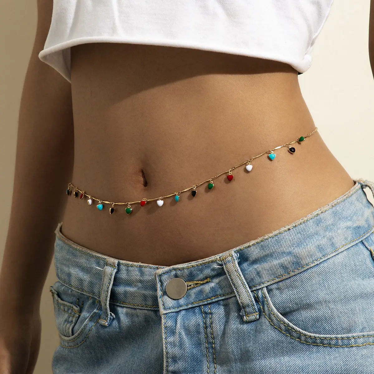 Boho Enamel Heart Charm Waist Belly Chain in Solid Copper