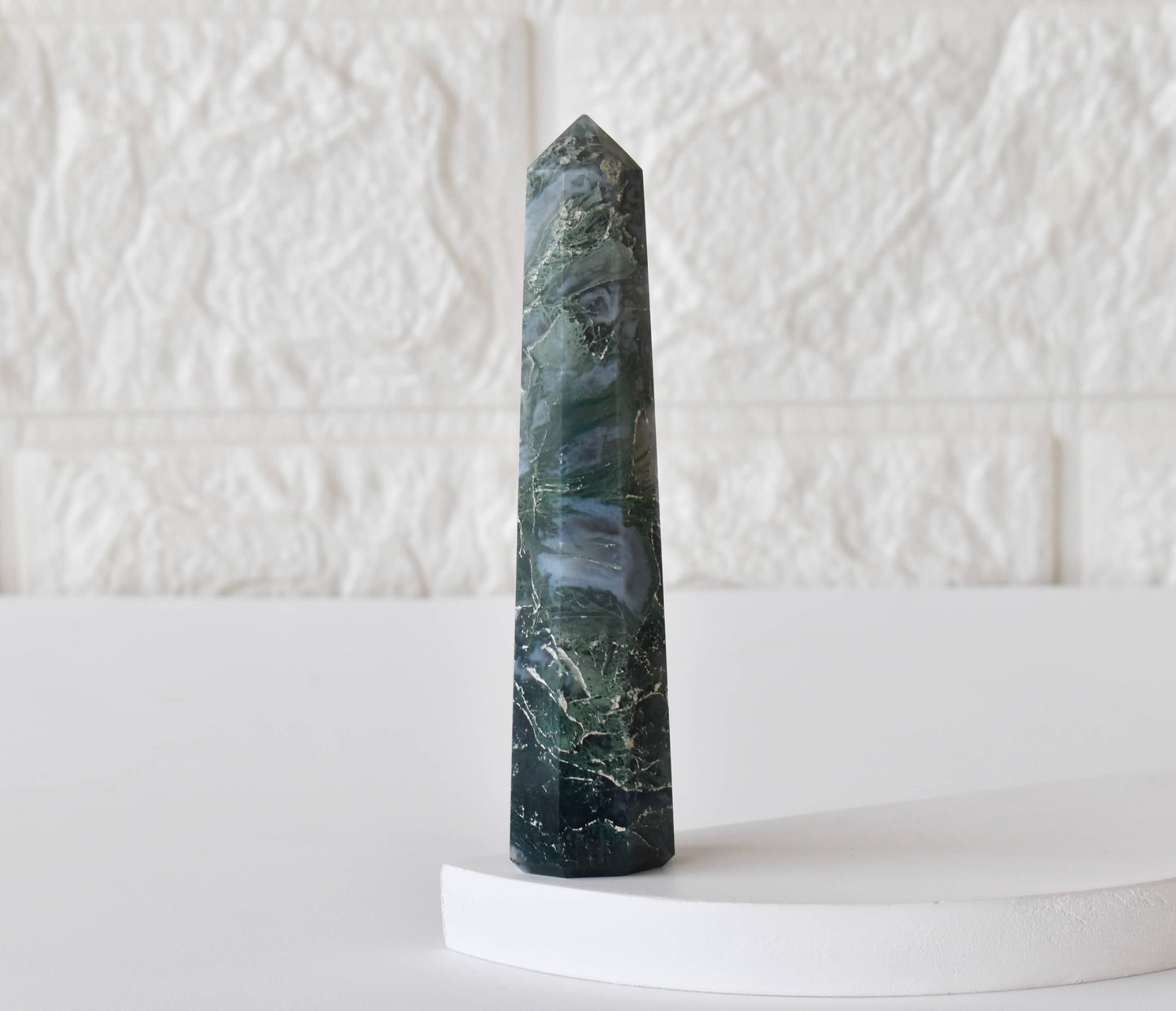 Moss Agate Crystal Tower | Healing Obelisk Point | Natural Gemstone Tower