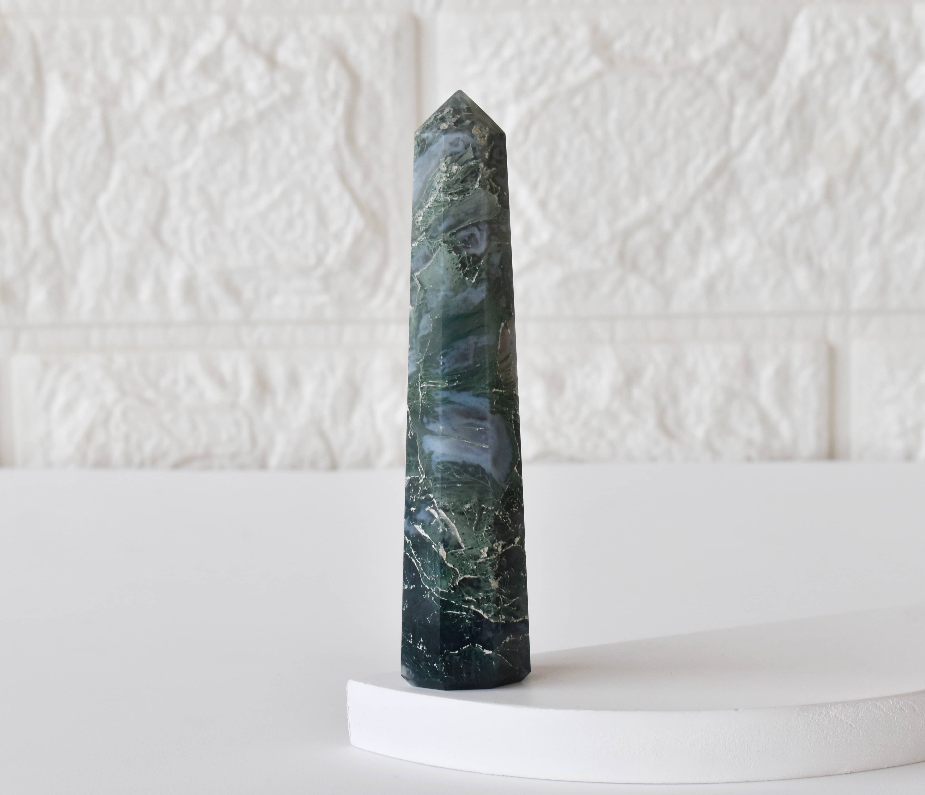 Moss Agate Crystal Tower | Healing Obelisk Point | Natural Gemstone Tower
