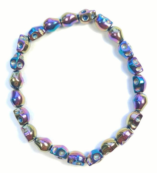 Skull Rainbow Hematite Beaded Bracelet - Wrist Mala - 6x8mm