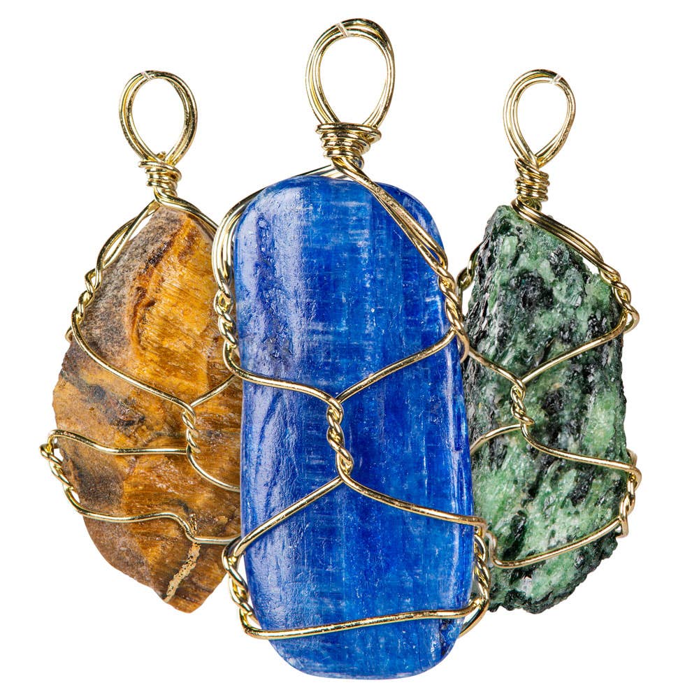 Wire Wrap Rough Stone & Gold Pendant – Amethyst, Obsidian, Lapis, Ruby Zoisite, Sunstone & Tiger Eye