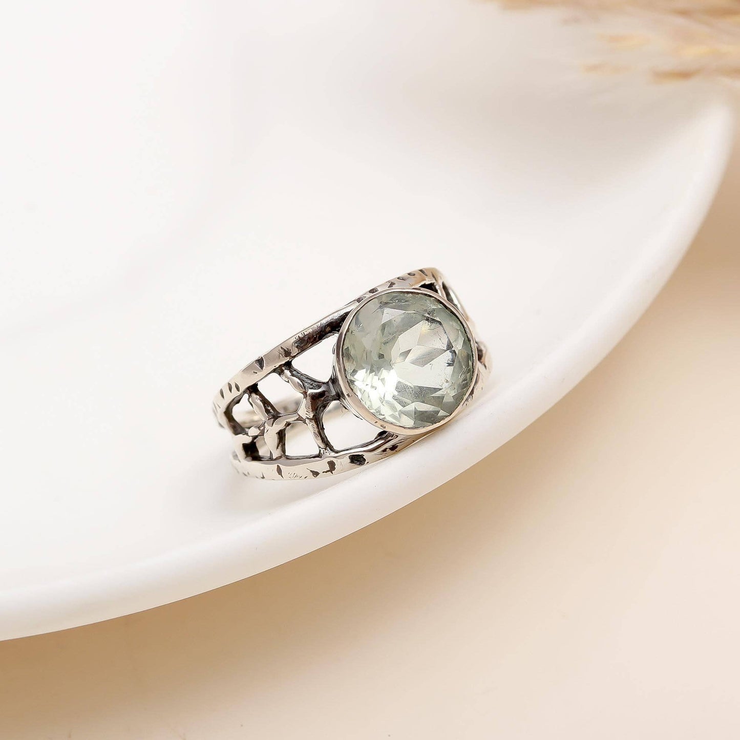 Designer 925 Sterling Silver Green Amethyst Ring Size 7