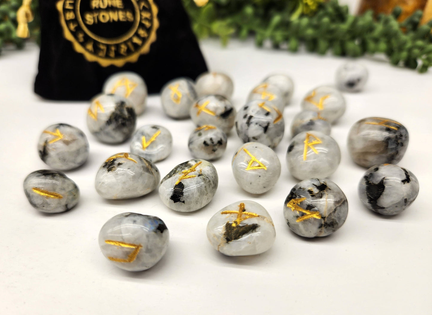 Rainbow Moonstone Gemstone Rune Set with Velvet Pouch