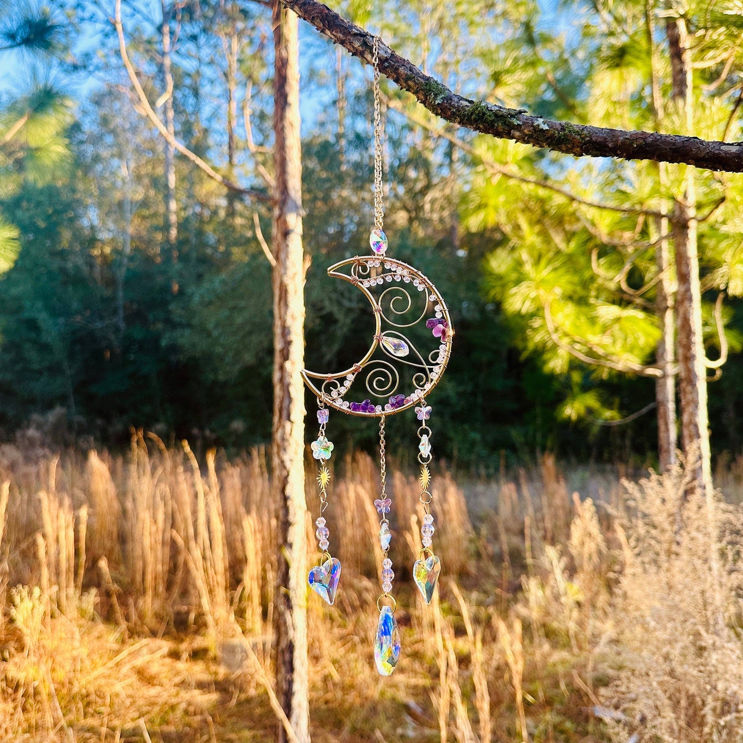 Gold Metal Crescent Moon Dreamcatcher Suncatcher with Swirls & Hanging Butterfly and Heart Jewel Charms