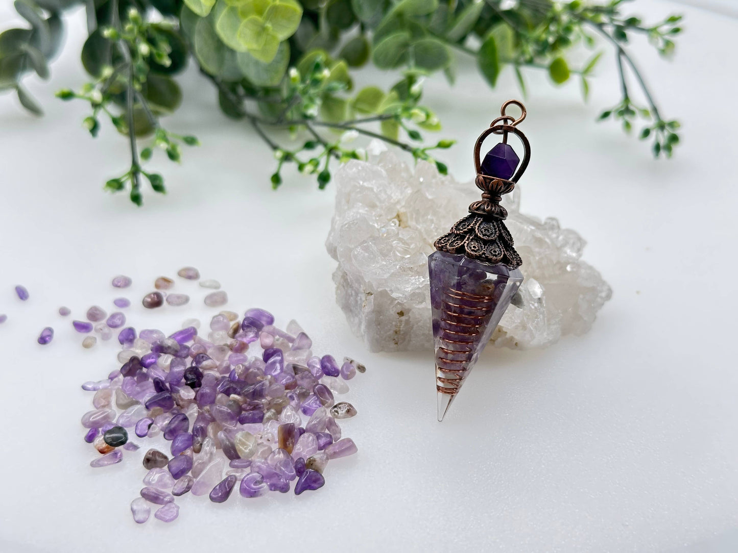 Amethyst Gemstone Chips w/ Copper in Resin Pendulum
