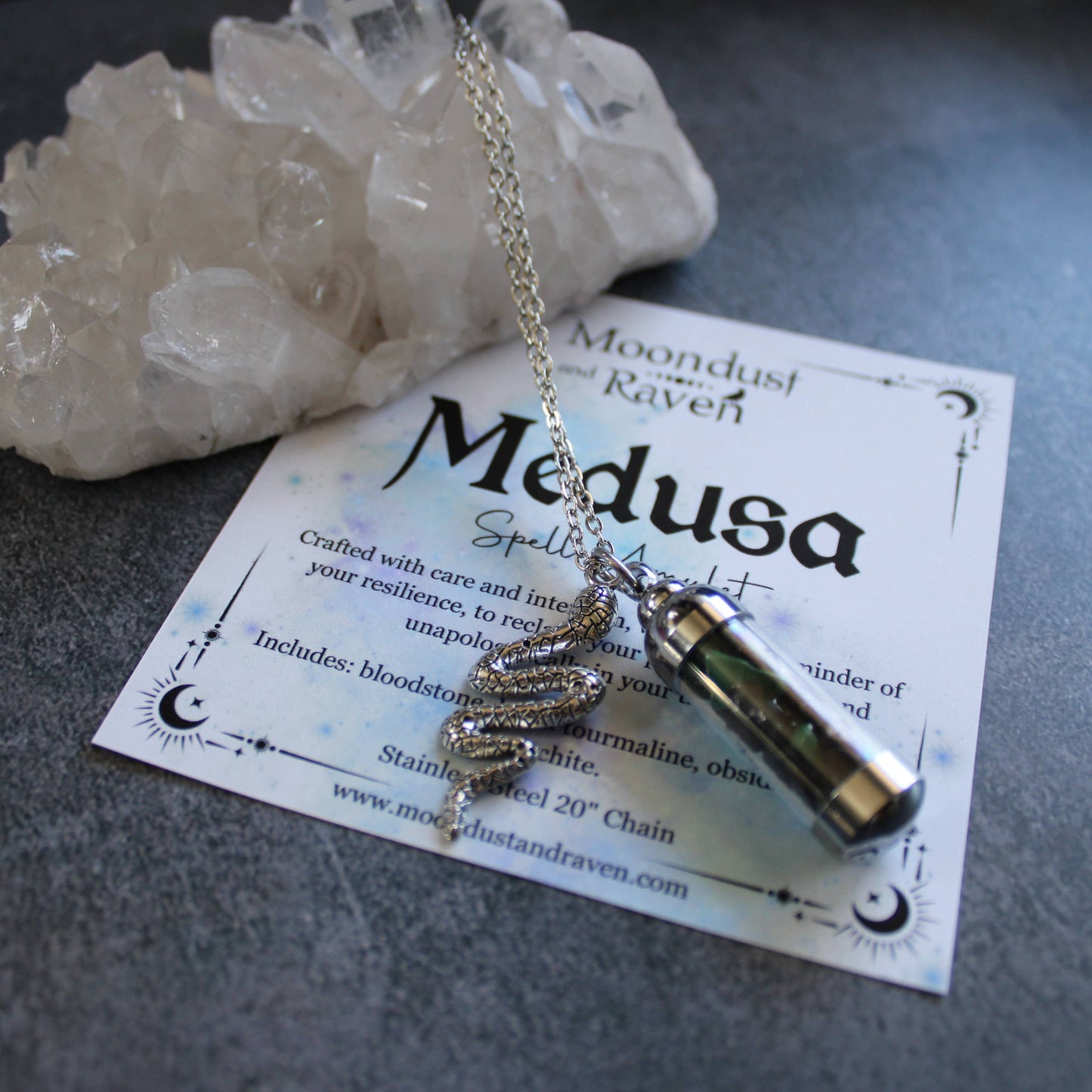 Medusa Spell Jar Amulet Necklace, Witchy Crystal Jewelry
