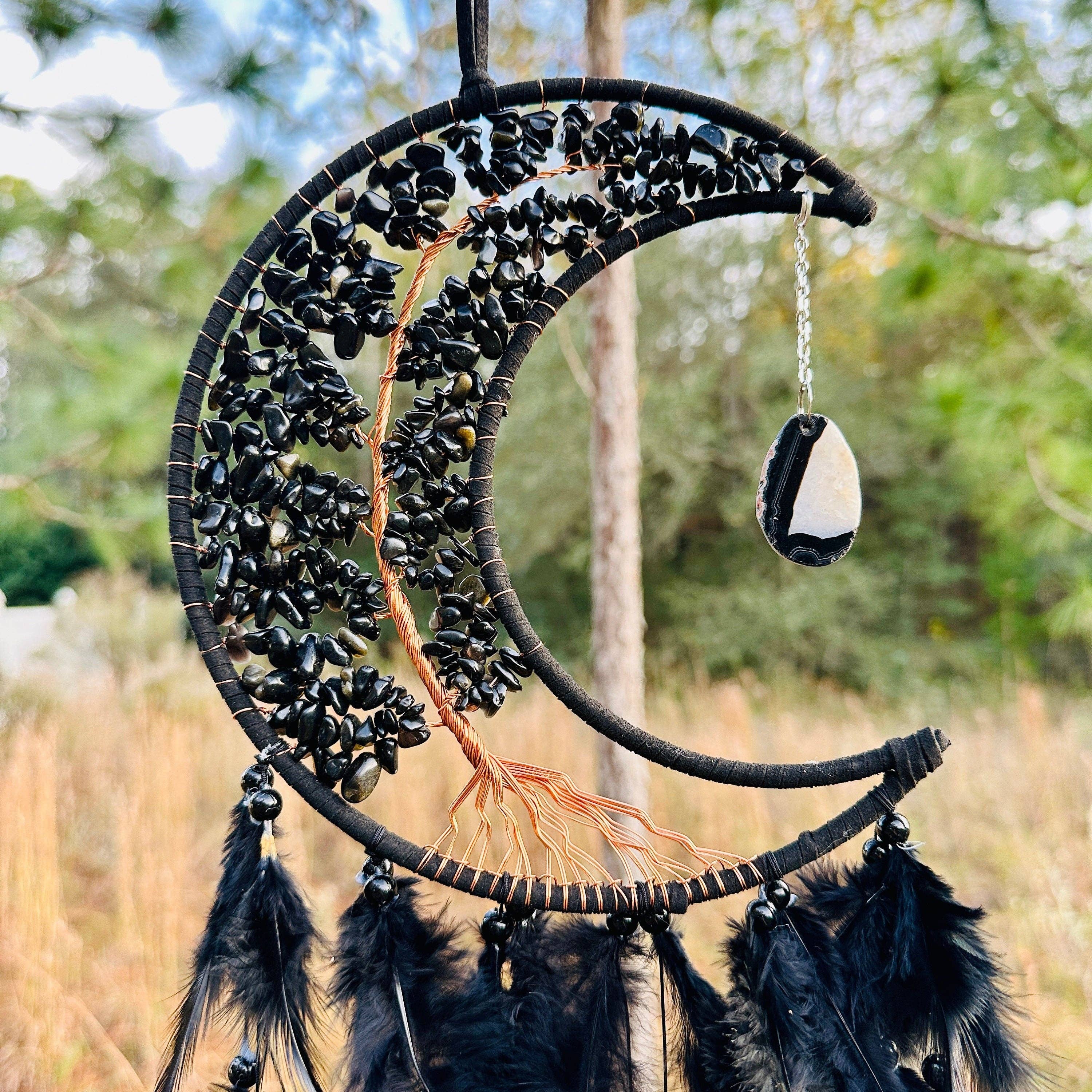 Medium Wall Hanging Crescent Moon Dream Catcher with Black Obsidian Stones & Hanging Stone Charm with Feathers