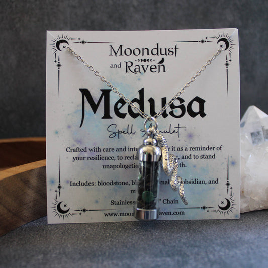 Medusa Spell Jar Amulet Necklace, Witchy Crystal Jewelry