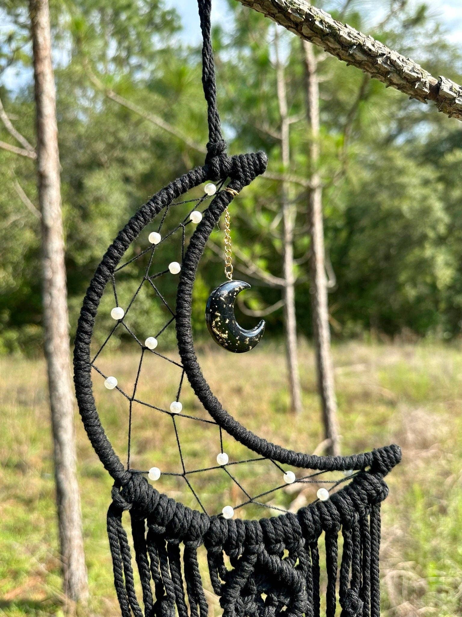 Crescent Moon Macrame Dream Catcher - Boho Wall Hanging with Moon Charm
