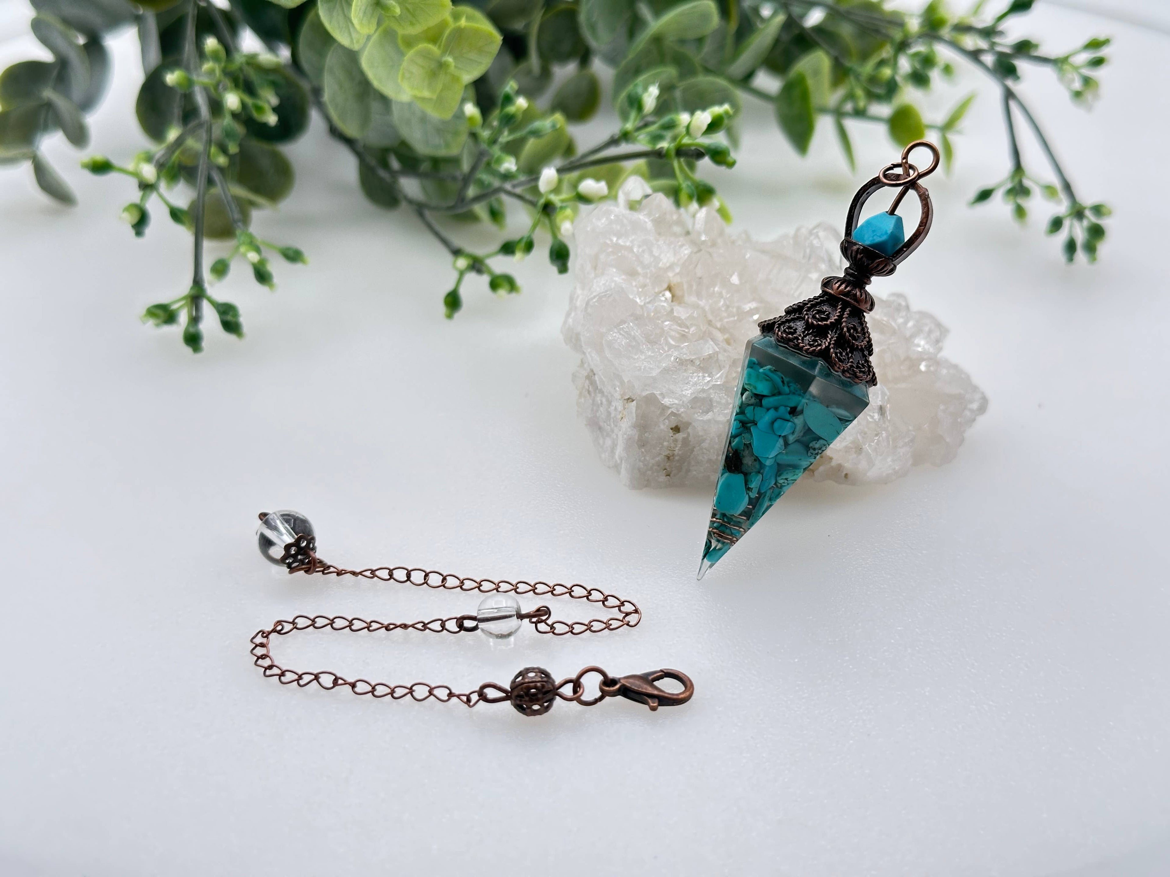 Turquoise Gemstone (Natural) Chips w/ Copper Resin Pendulum
