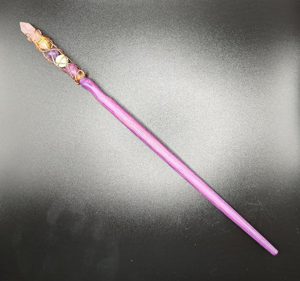 FAIRY LOVE OAK MAGIC WAND MOTHER OF PEARL, AMETHYST ROSE QUARTZ CRYSTAL -PURPLE SHAFT