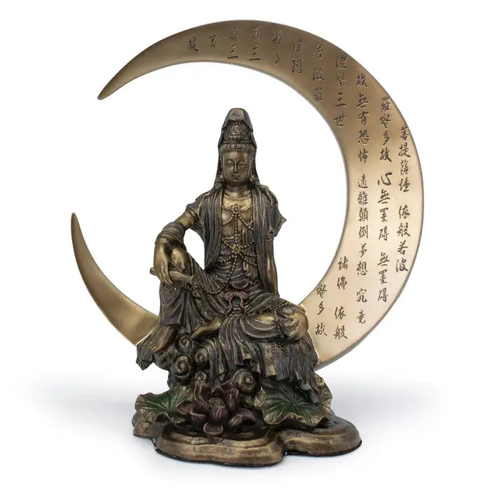 Kwan Yin & Moon Statue – Bronze Finish Goddess of Compassion