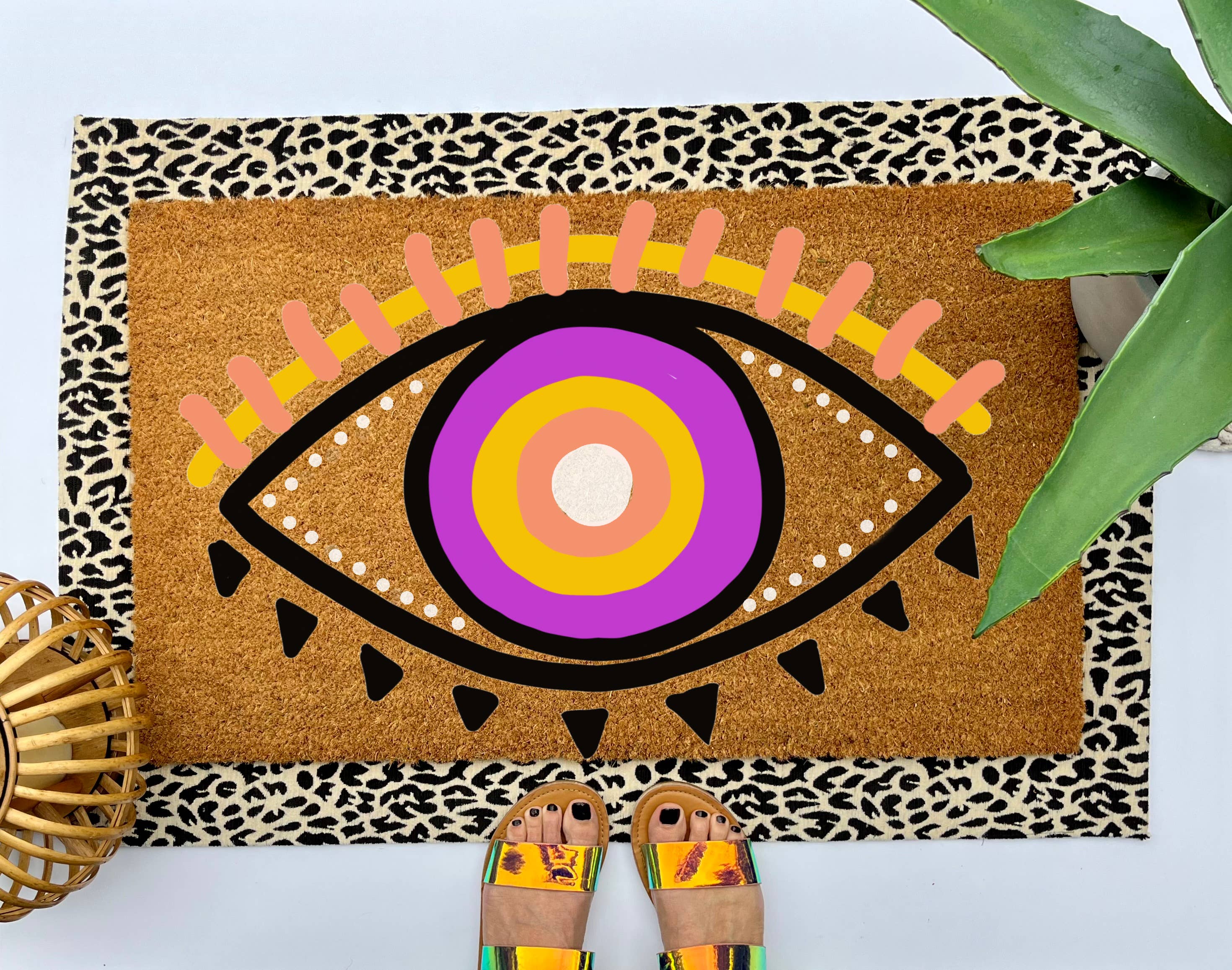 Evil Eye Coir Doormat - Hand-Painted Protection Symbol for Your Entryway