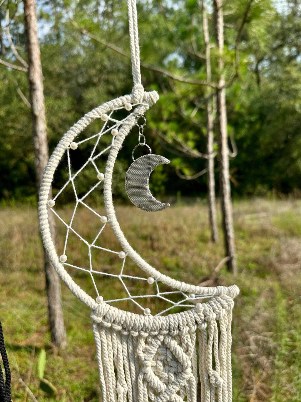 Crescent Moon Macrame Dream Catcher - Boho Wall Hanging with Moon Charm