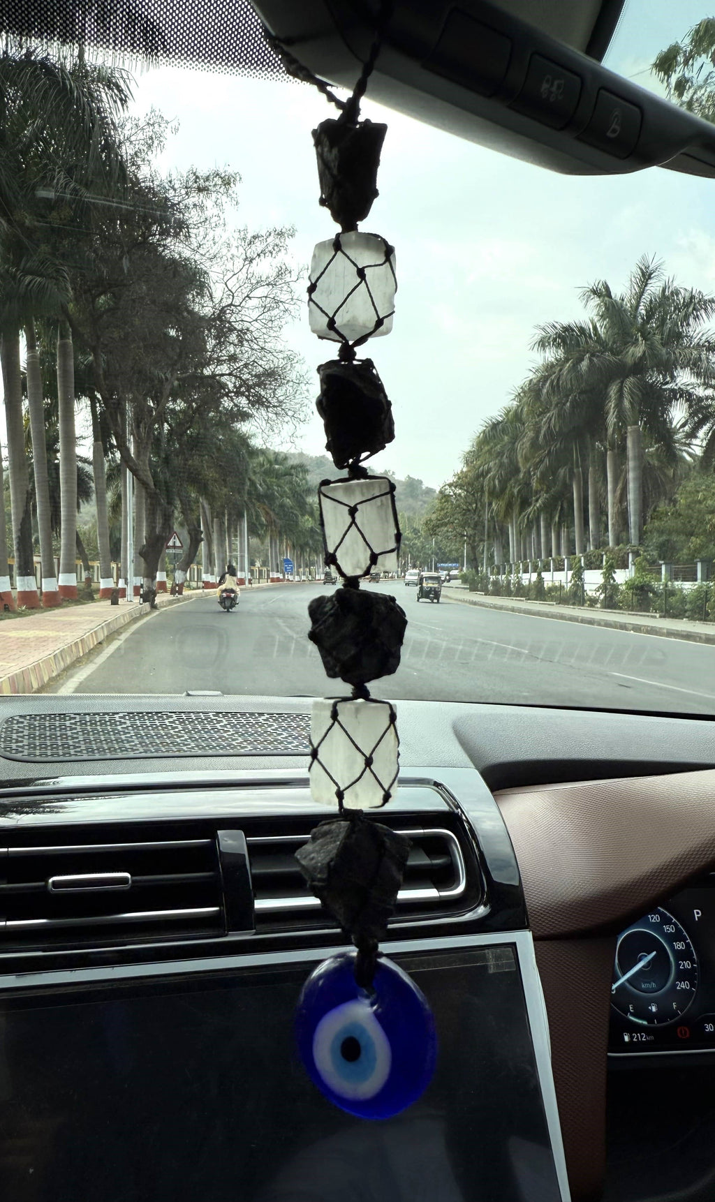 Black Tourmaline & Selenite Crystal Hanger with Evil Eye Protection Charm