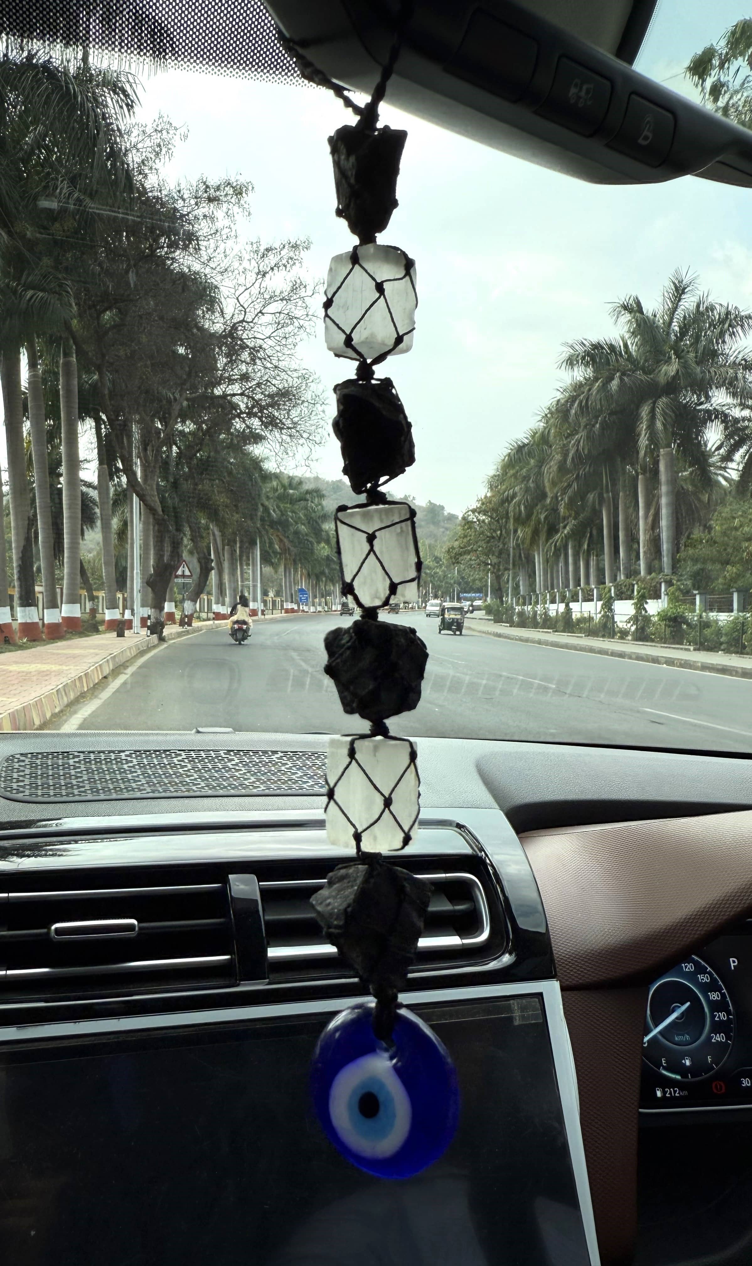 Black Tourmaline & Selenite Crystal Hanger with Evil Eye Protection Charm