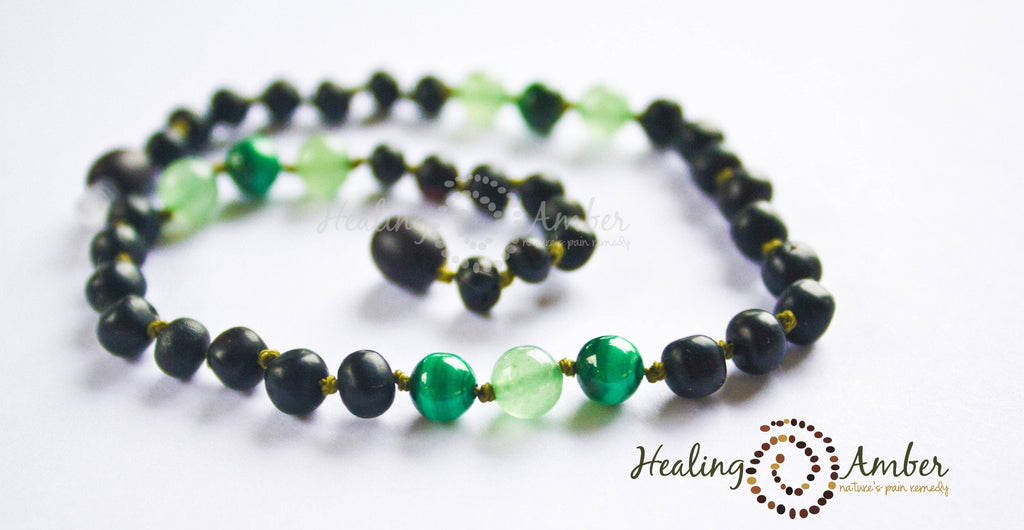 Baltic Amber Necklace | Raw Molasses with Green Aventurine & Malachite | 11" | Handcrafted in Lithuania