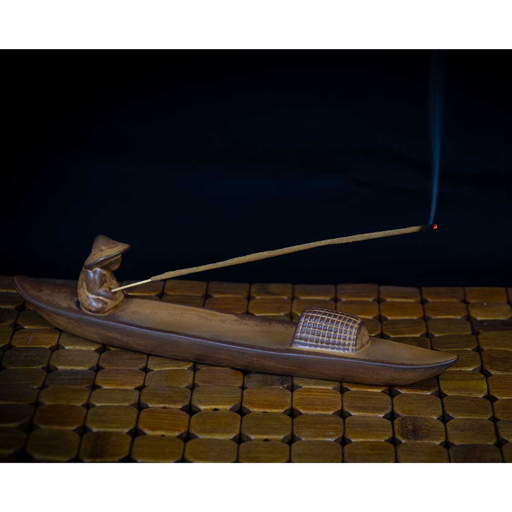 Gone Fishing Incense Stick Holder | Ceramic Boat with Figure | Zen Ash Catcher