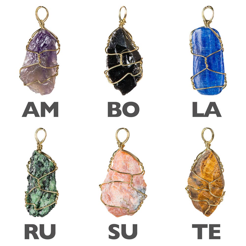 Wire Wrap Rough Stone & Gold Pendant – Amethyst, Obsidian, Lapis, Ruby Zoisite, Sunstone & Tiger Eye