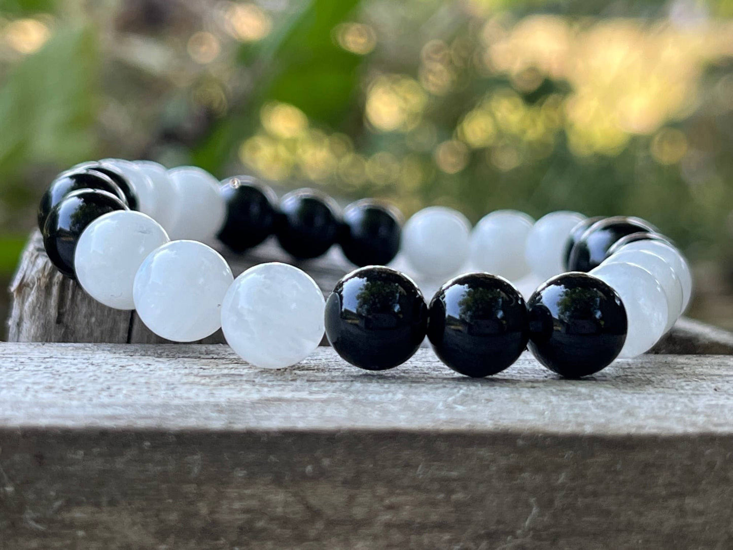 Black Obsidian & Moonstone Beaded Bracelet - 8mm